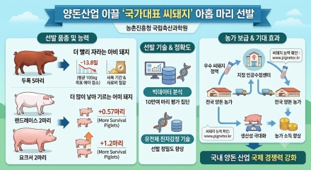 농진청, 양돈산업 이끌 ‘국가대표 씨돼지’ 9마리 선발…생산성·농가 소득 향상 기대